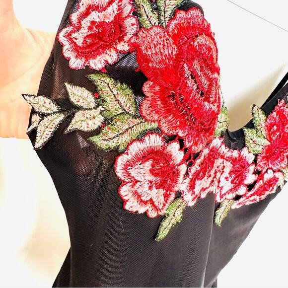 LF SEEK LABEL Black Mesh Pink Red Floral Embroidery Sheer Bodysuit Tank Top S - Picture 2 of 7